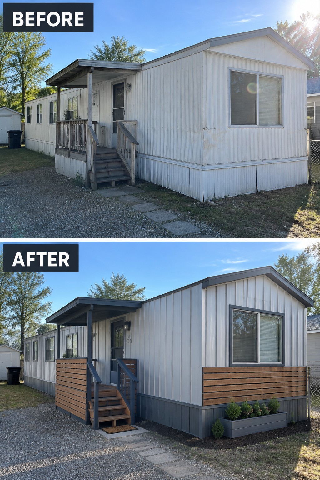 Before and after of a mobile home with new dark siding, porch, and planter box.