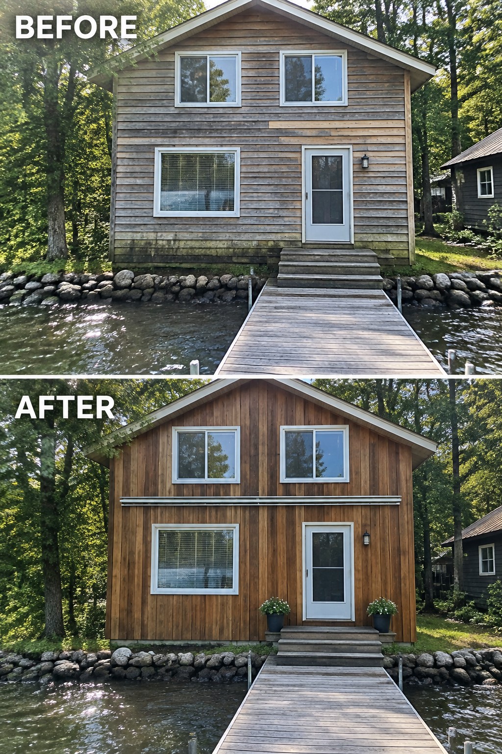 Before-and-after views of lakeside wooden house, gray to fresh brown stain with potted plants