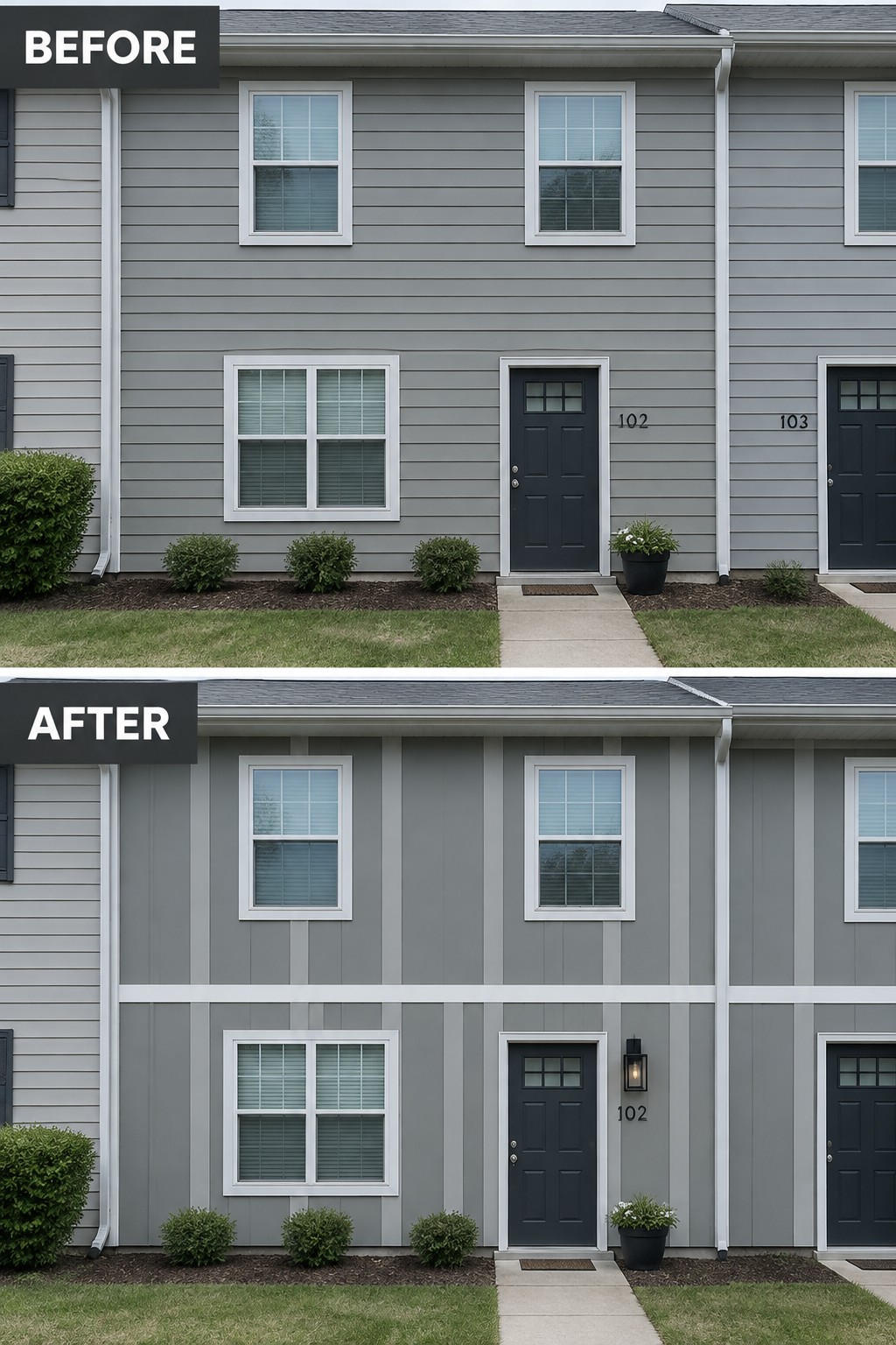 Before and after of gray townhouse with vertical striped siding, trim, and new light fixture