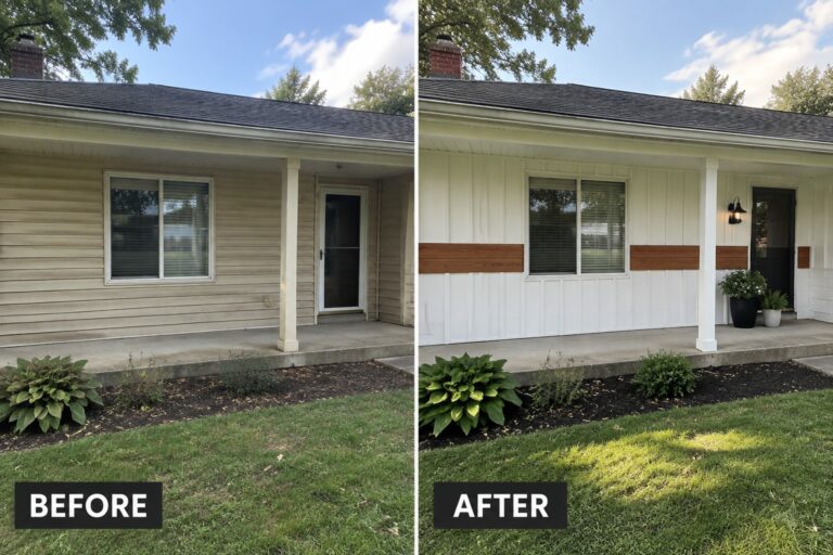 19 Fresh Siding Transformations Using Vertical Panels and Horizontal Accents Before and after house exterior with new white siding and wood trim