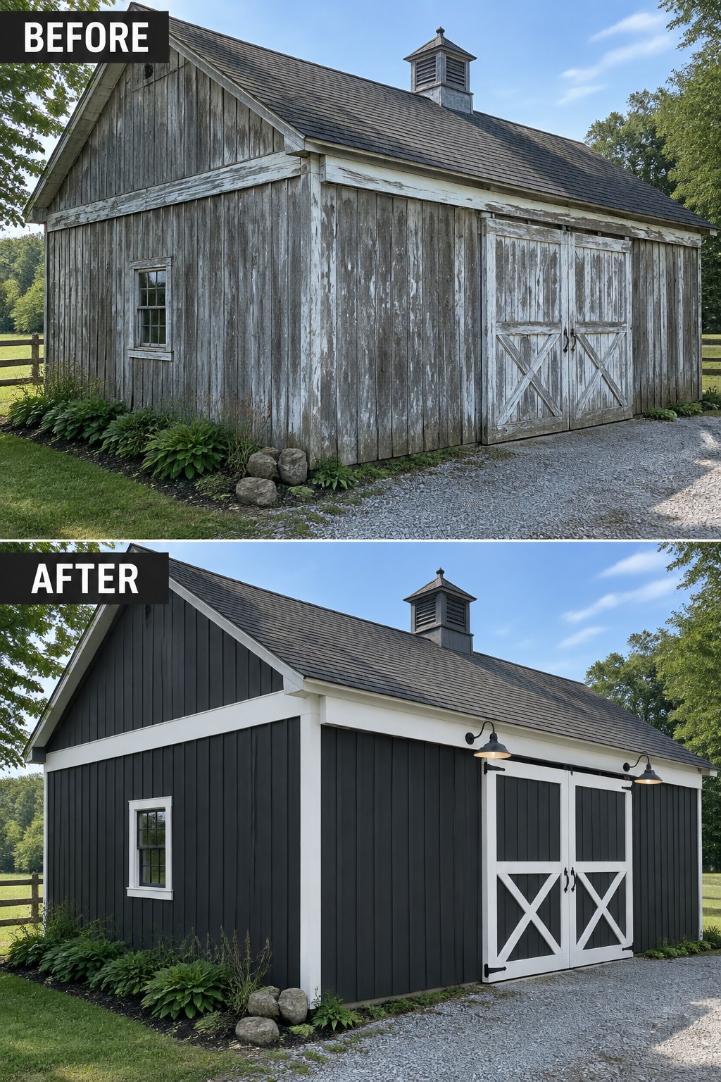 Before-and-after barn renovation: weathered gray wood transformed to dark charcoal with white trim and doors.