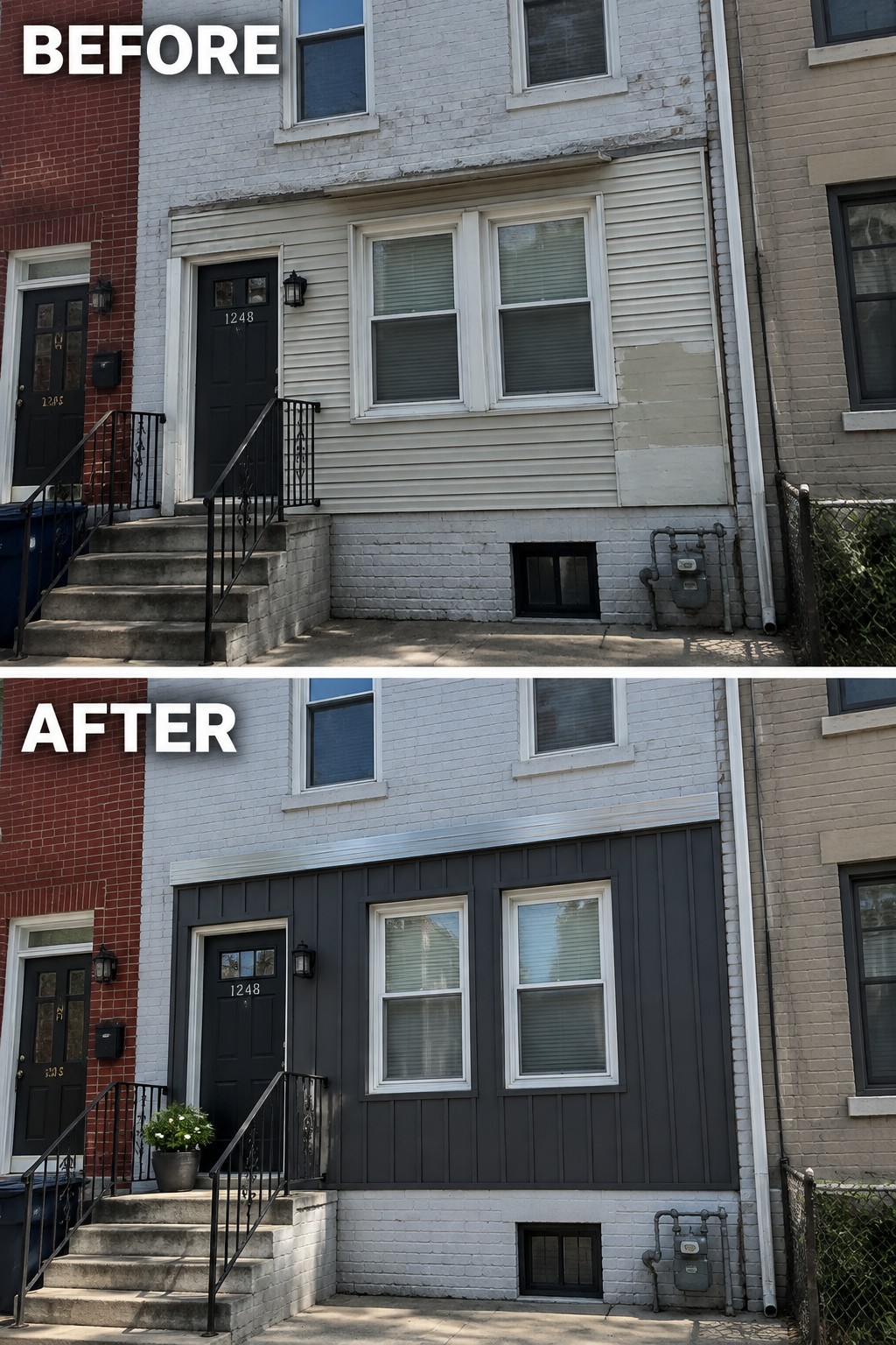 Before-and-after image of a house exterior updated with dark vertical siding panels in place of the previous mismatched horizontal siding.