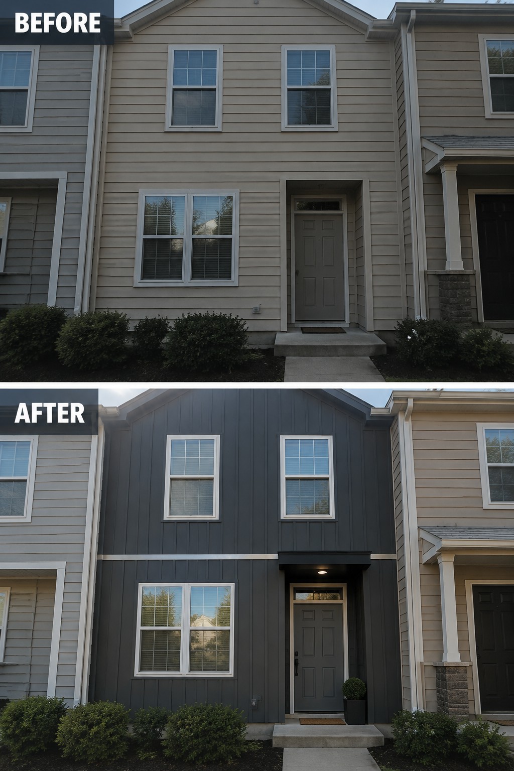 Before-and-after image of a house exterior updated with dark vertical siding on the central section and horizontal accents around the entry.