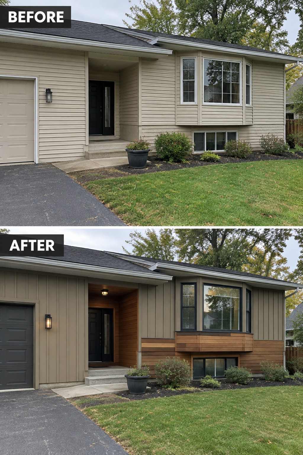 Before-and-after image of a house exterior updated with vertical siding panels, horizontal wood accents, and darker trim around the entry and garage.