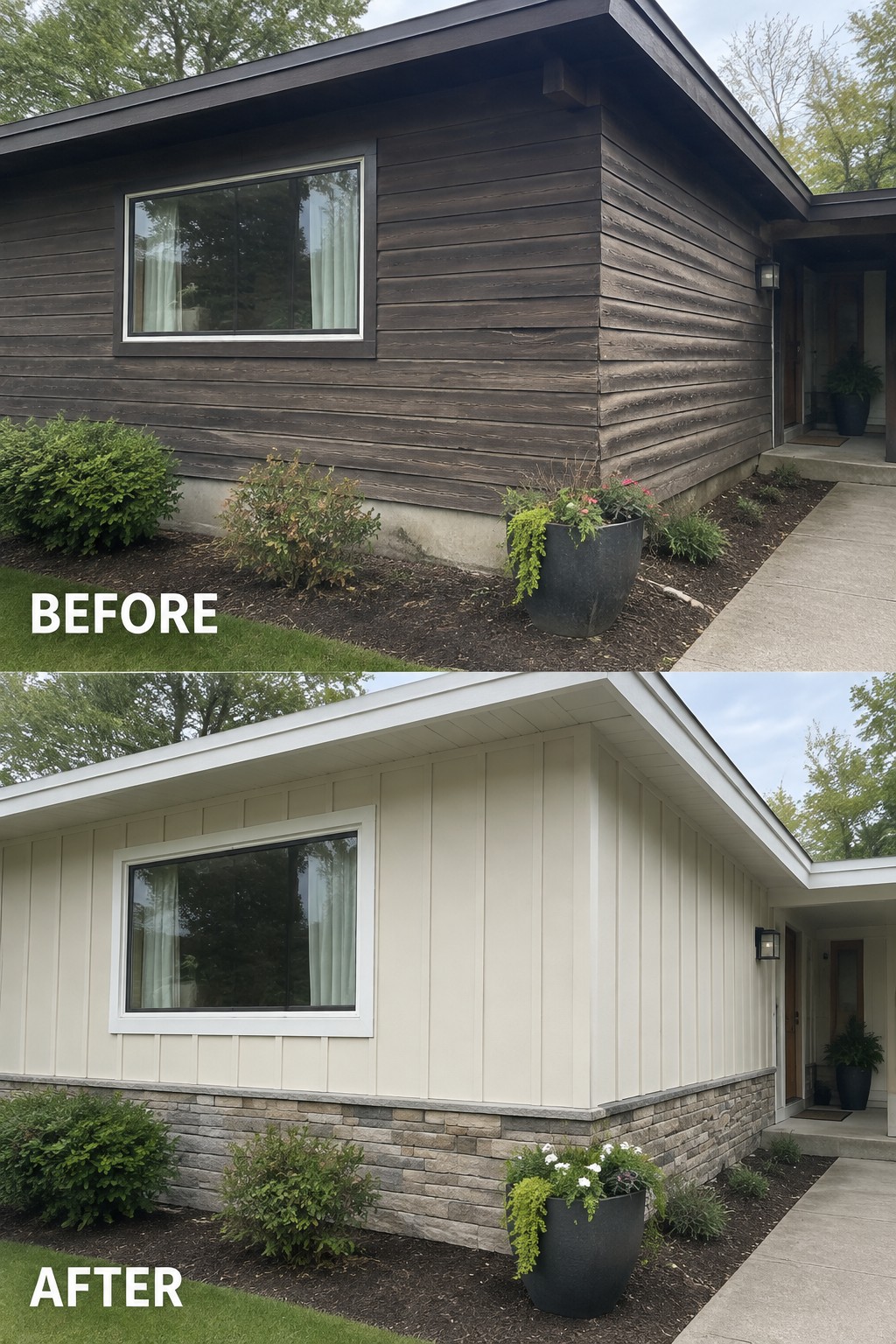 Before-and-after image of a house exterior with dark horizontal siding replaced by light vertical panels, white trim, and a stone base.
