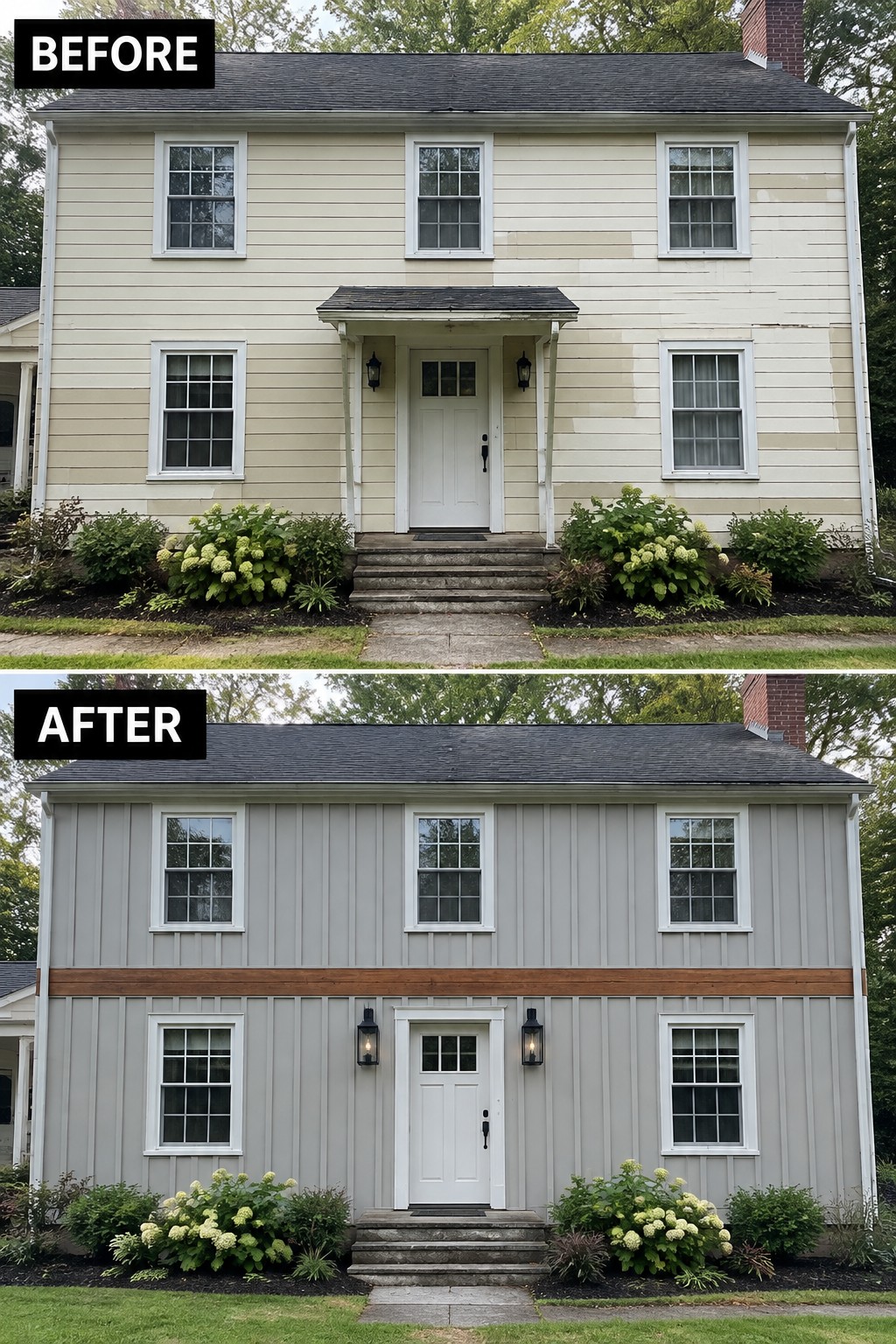Before-and-after image of a two-story house exterior changed from horizontal beige siding to vertical gray panels with a horizontal wood accent band and updated entry lighting.