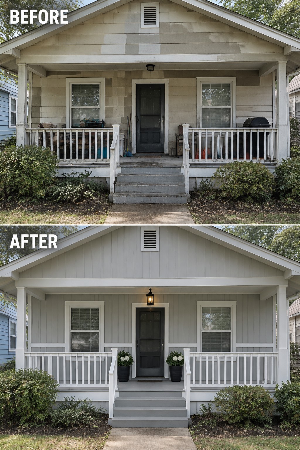 Before and after of house exterior repainted gray with added porch plants and lit lantern