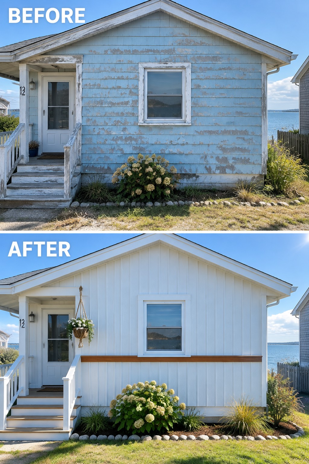 Before and after of faded blue coastal house repainted crisp white with new trim.