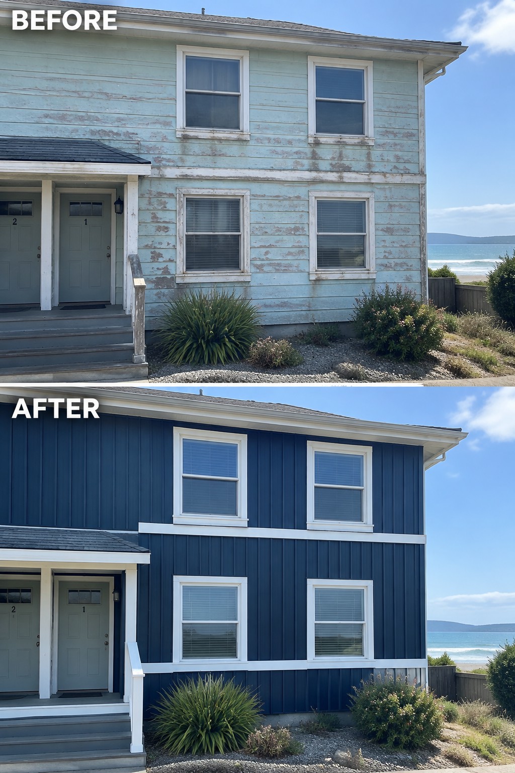 Before-and-after views of a beachfront house repainted from light to dark blue.