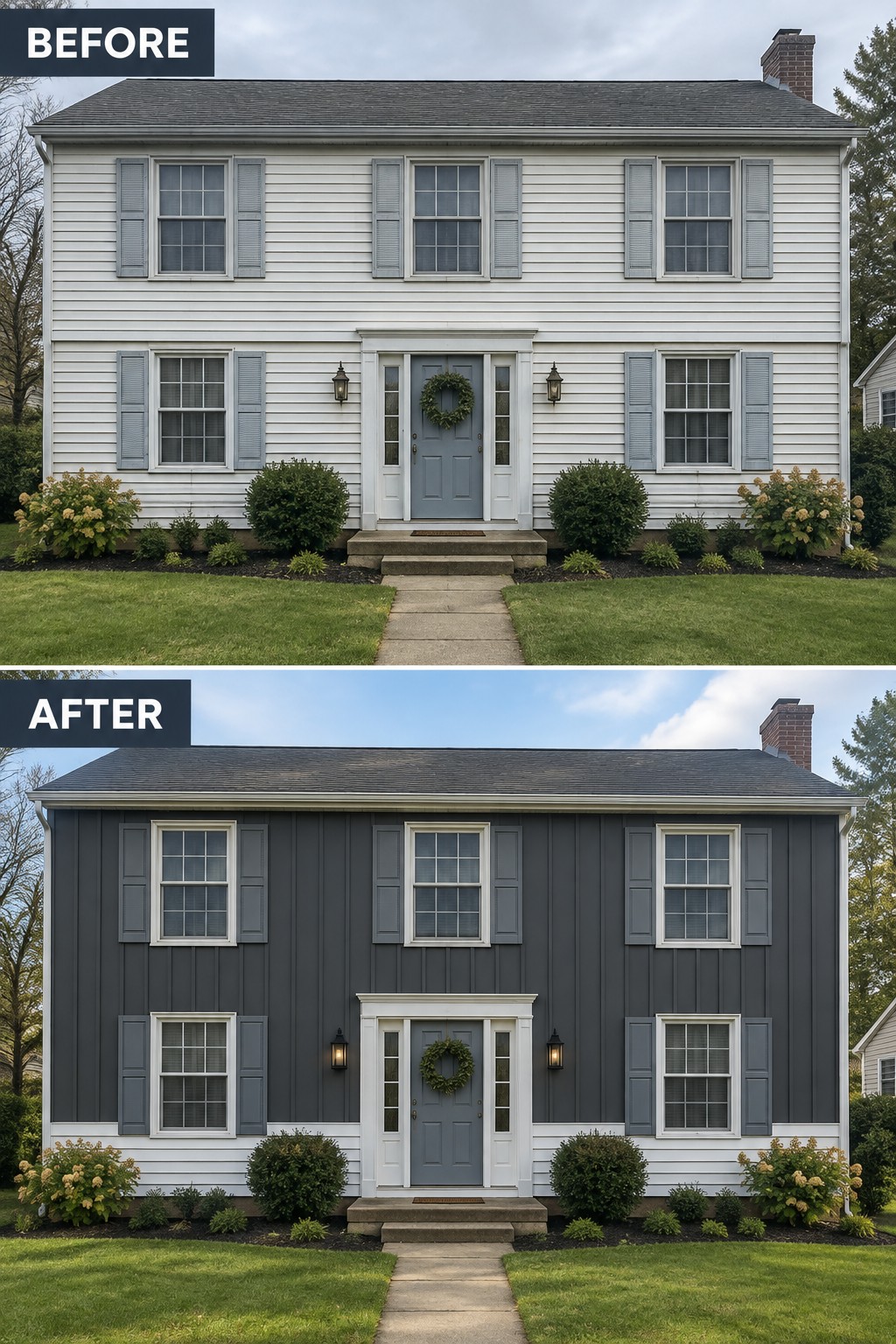 Before and after views of two-story house repainted white to dark gray siding