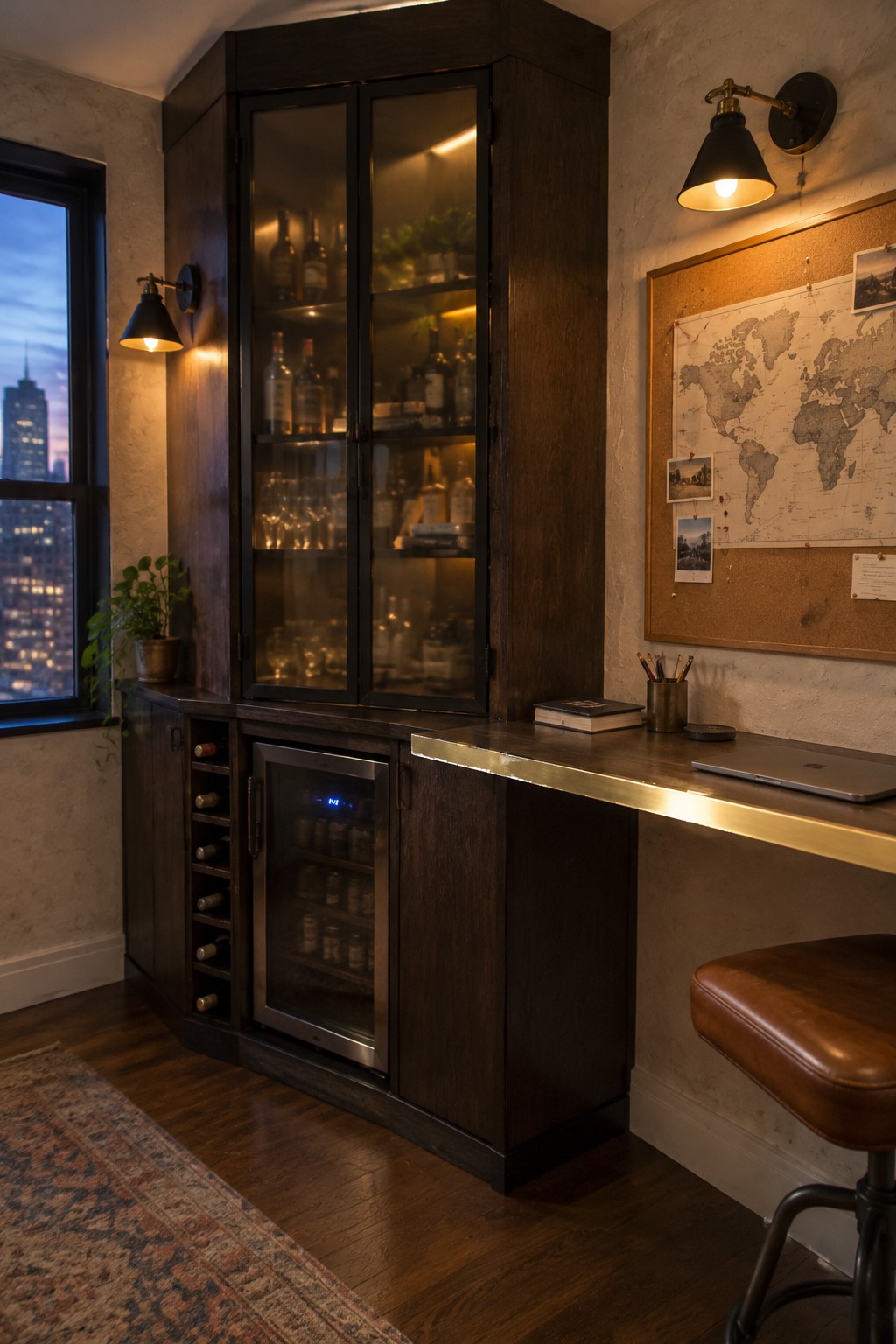 A dark wood corner cabinet with glass doors, bottles, a wine fridge, and a counter beside a window.