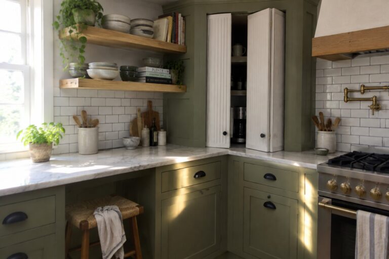 A sage-green corner kitchen cabinet with open white bi-fold doors, marble countertops, and wooden shelves.