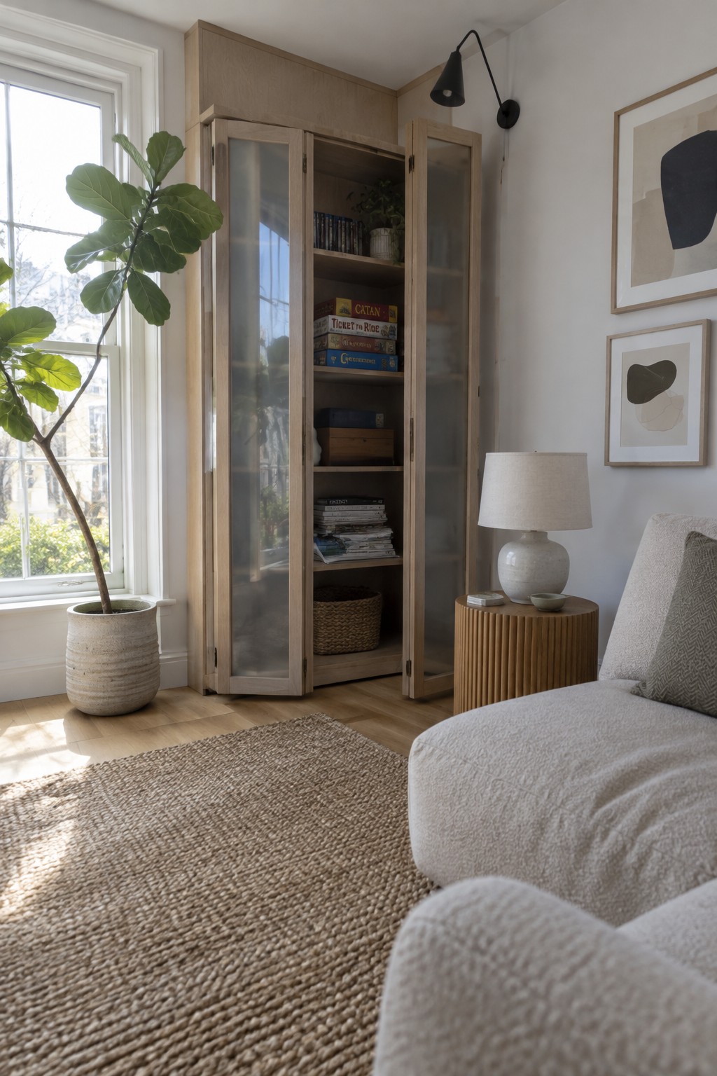 A tall wood corner cabinet with two open bi-fold doors stands beside a living room window.