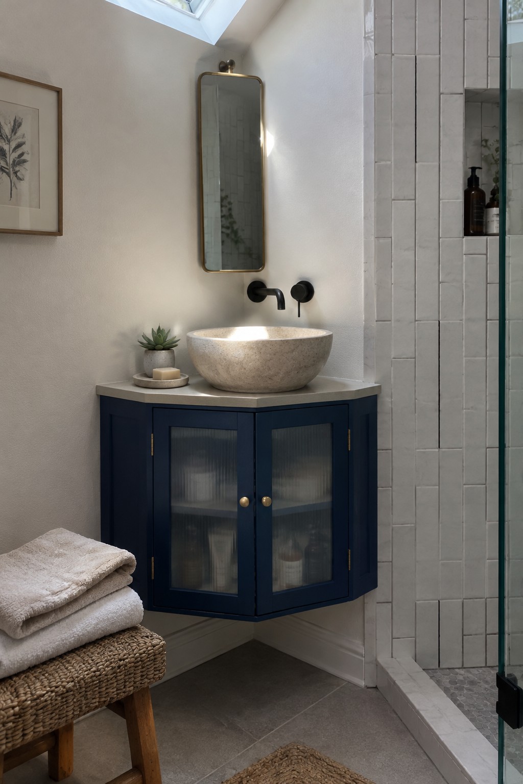A dark blue corner bathroom cabinet with frosted-glass bi-fold doors sits beneath a stone vessel sink.