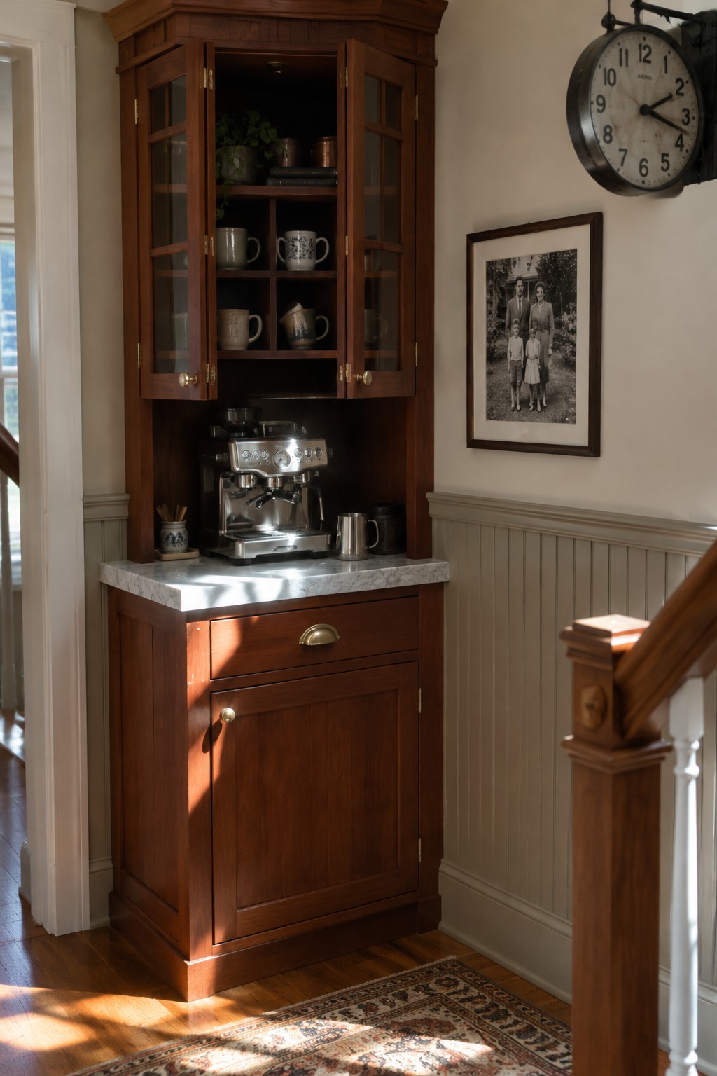 A dark wood corner cabinet with open glass-panel doors holds cups and an espresso machine on a marble counter.
