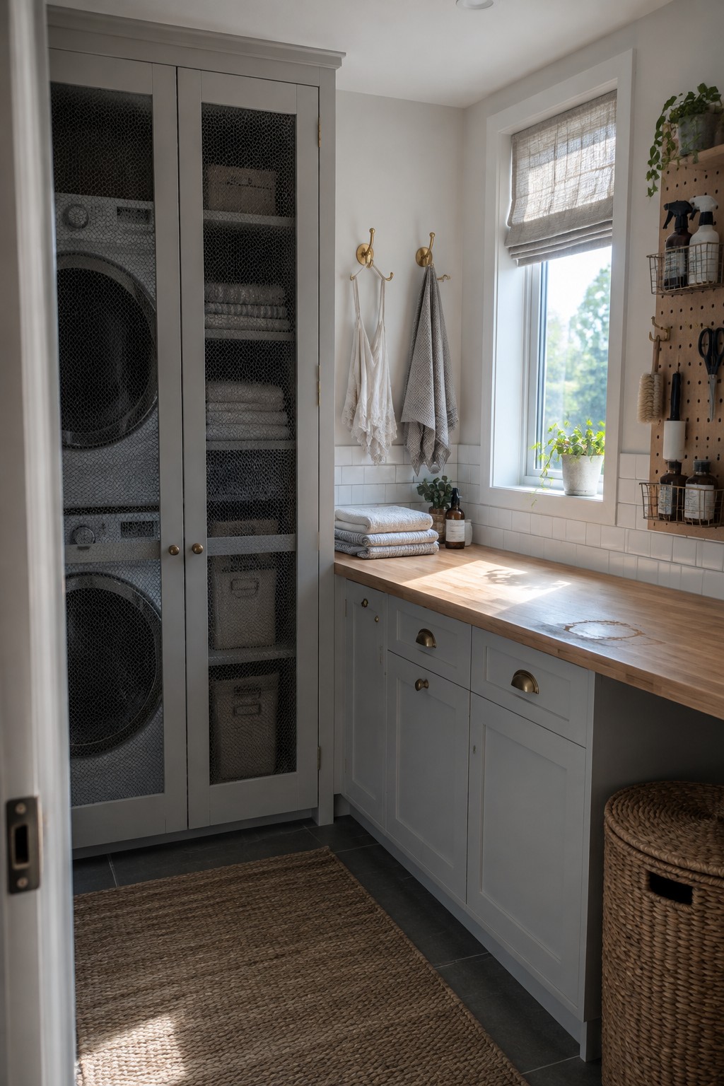 A laundry room with a tall gray cabinet holding a stacked washer and dryer, towels, and storage baskets.