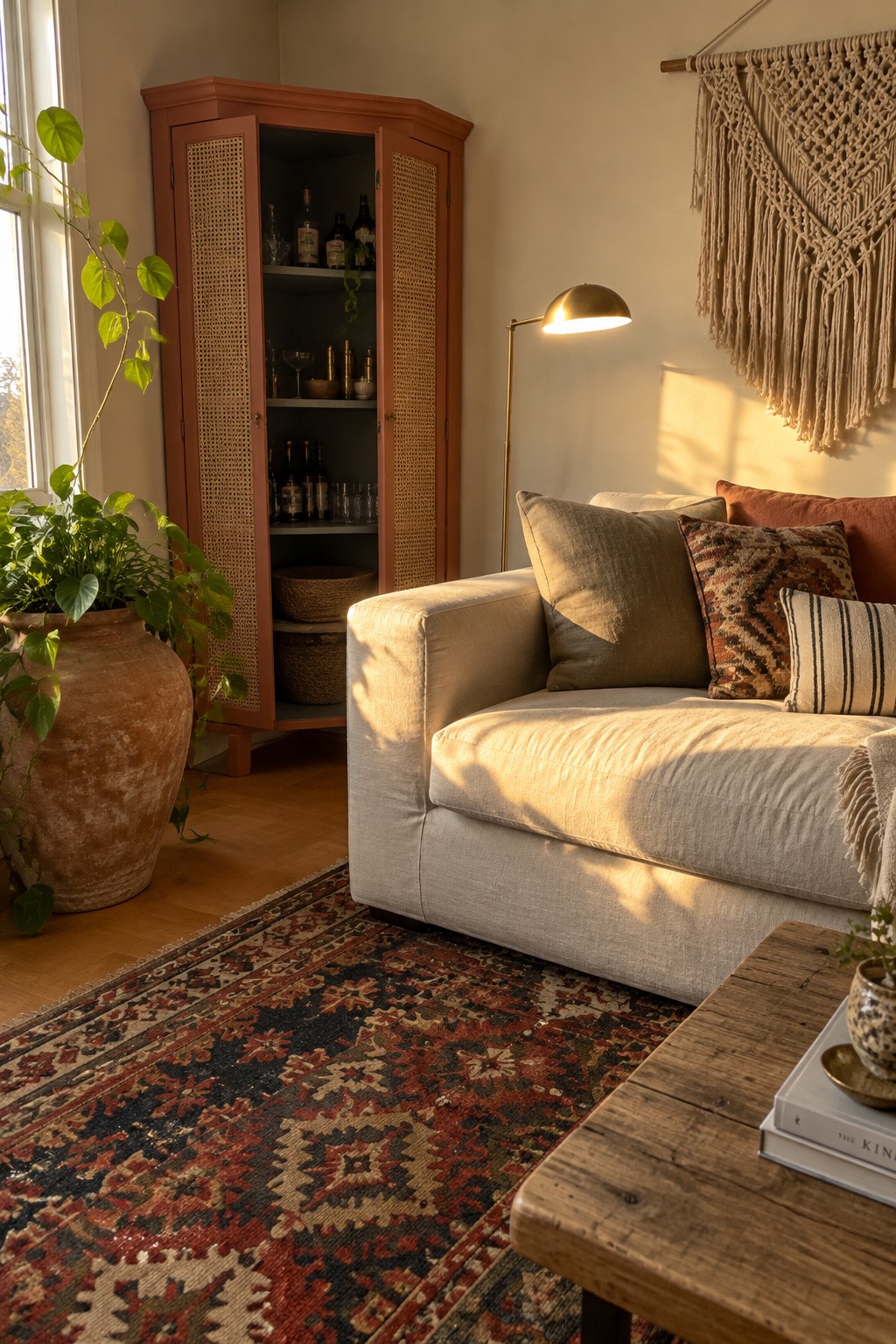 A tall reddish-brown corner cabinet with woven doors stands beside a cream sofa in a living room.