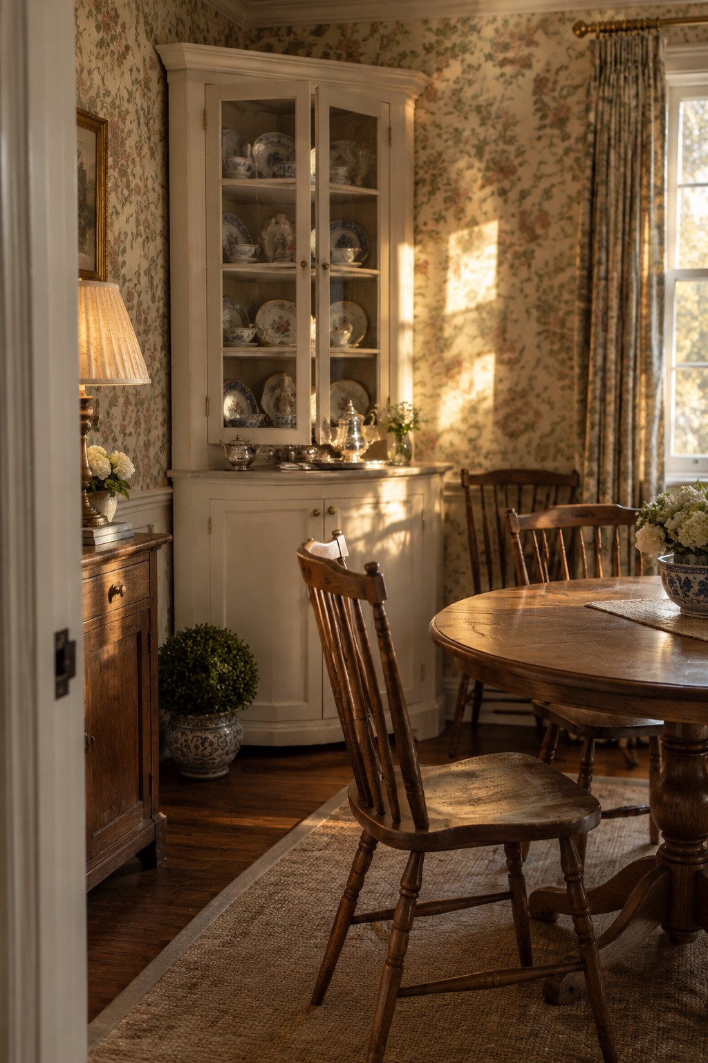 A cream-colored corner cabinet with glass doors holds patterned dishes in a dining room.