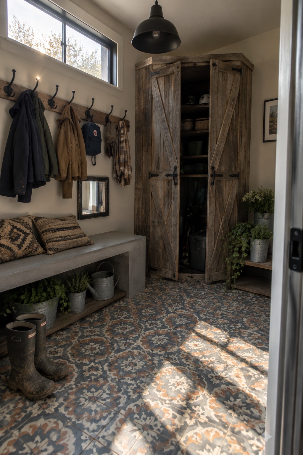 A tall rustic wooden cabinet with bi-fold doors stands in an entryway beside a bench and wall hooks.