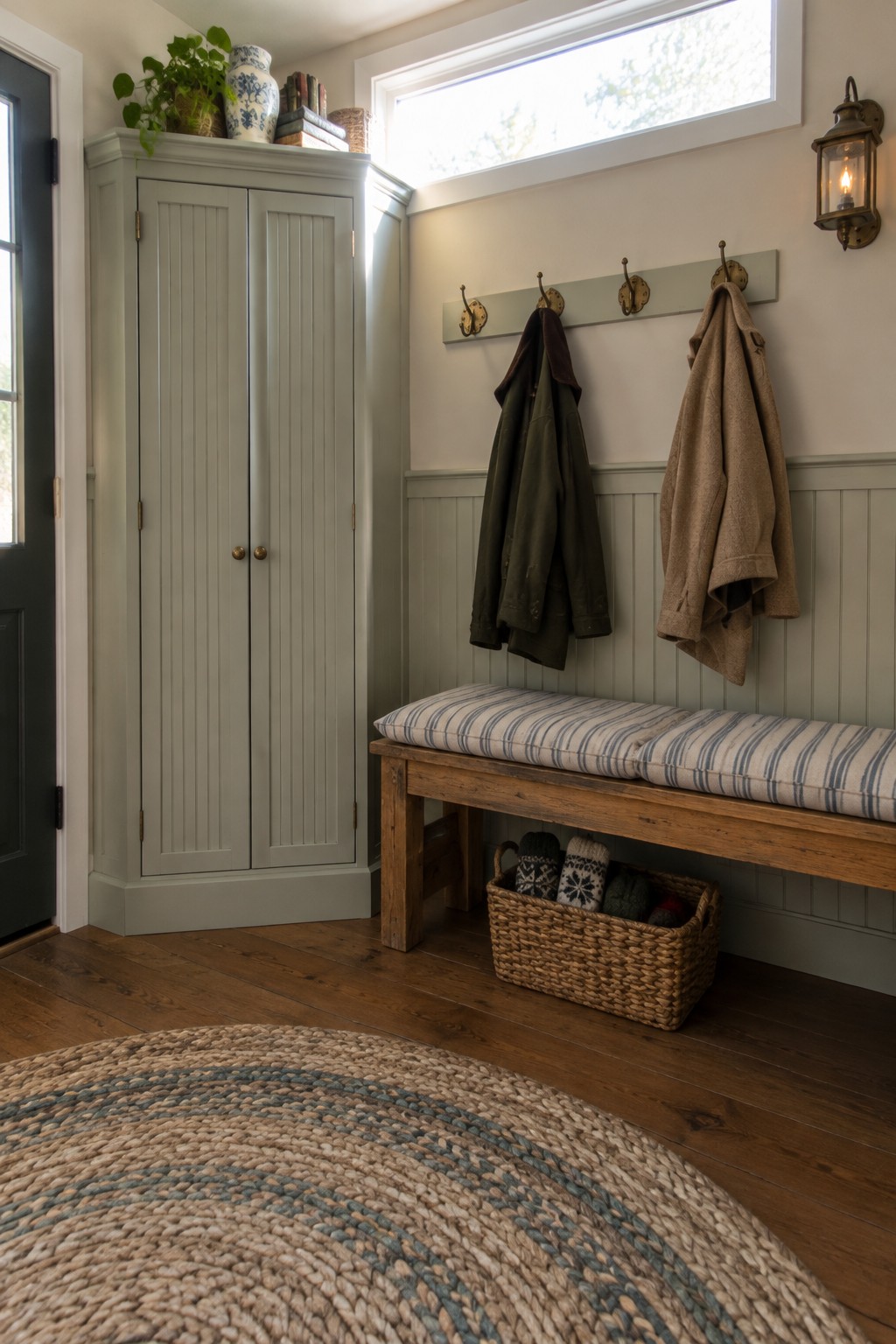A tall sage-green corner cabinet stands beside a wooden entryway bench with coats hanging on the wall.