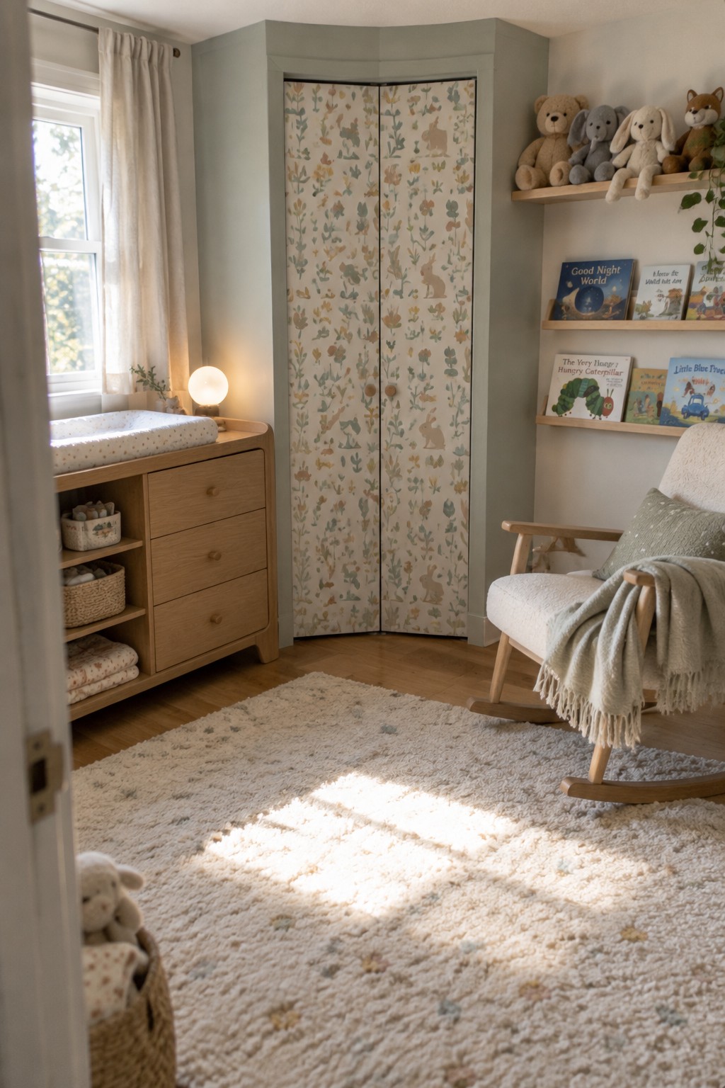 A nursery with floral bi-fold closet doors, a wooden changing table, wall-mounted book shelves, and a rocking chair.