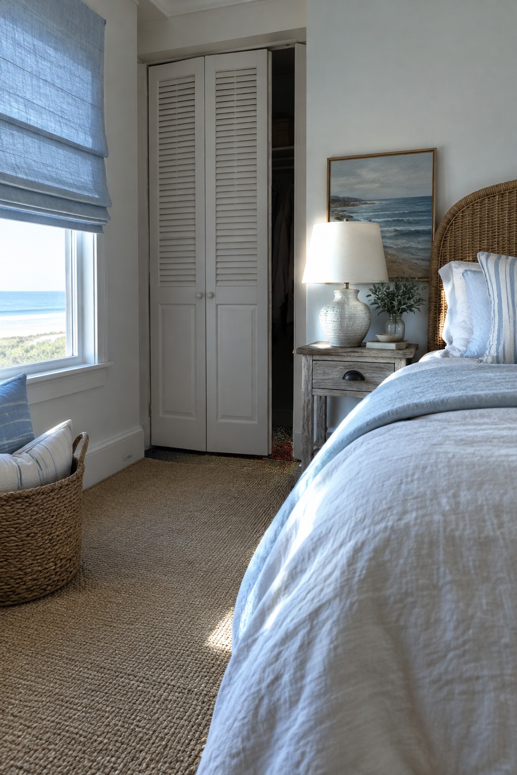 A bedroom closet with two white louvered bi-fold doors, one side open to reveal hanging clothes.