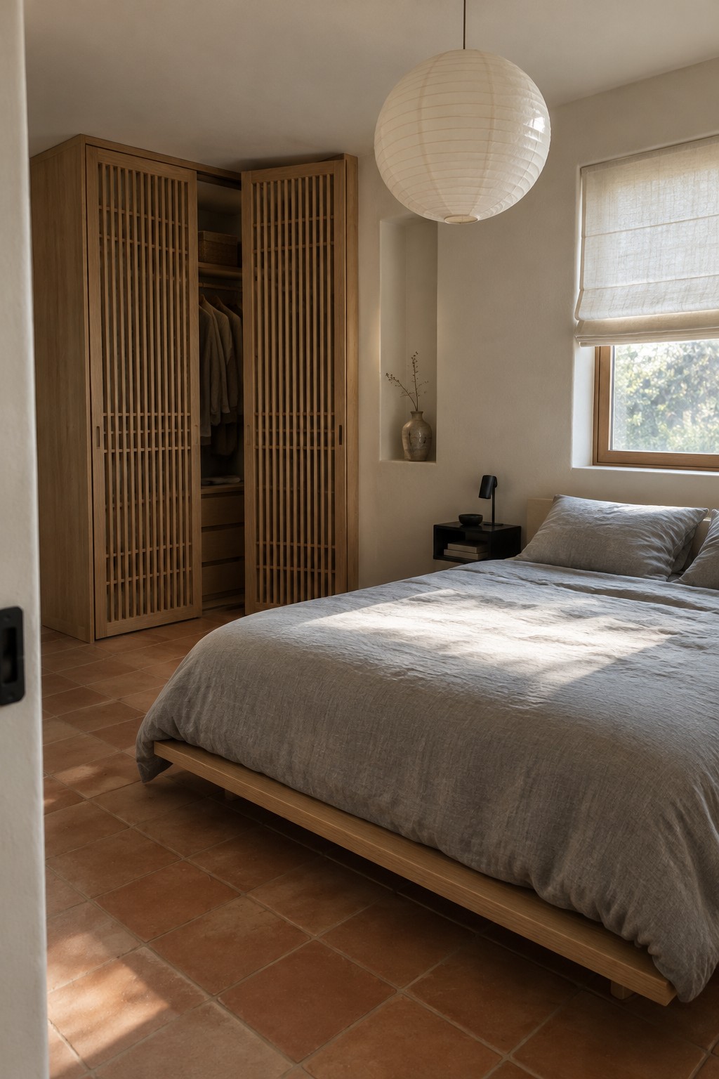 A bedroom with a tall wooden wardrobe featuring open slatted bi-fold doors and clothes hanging inside.