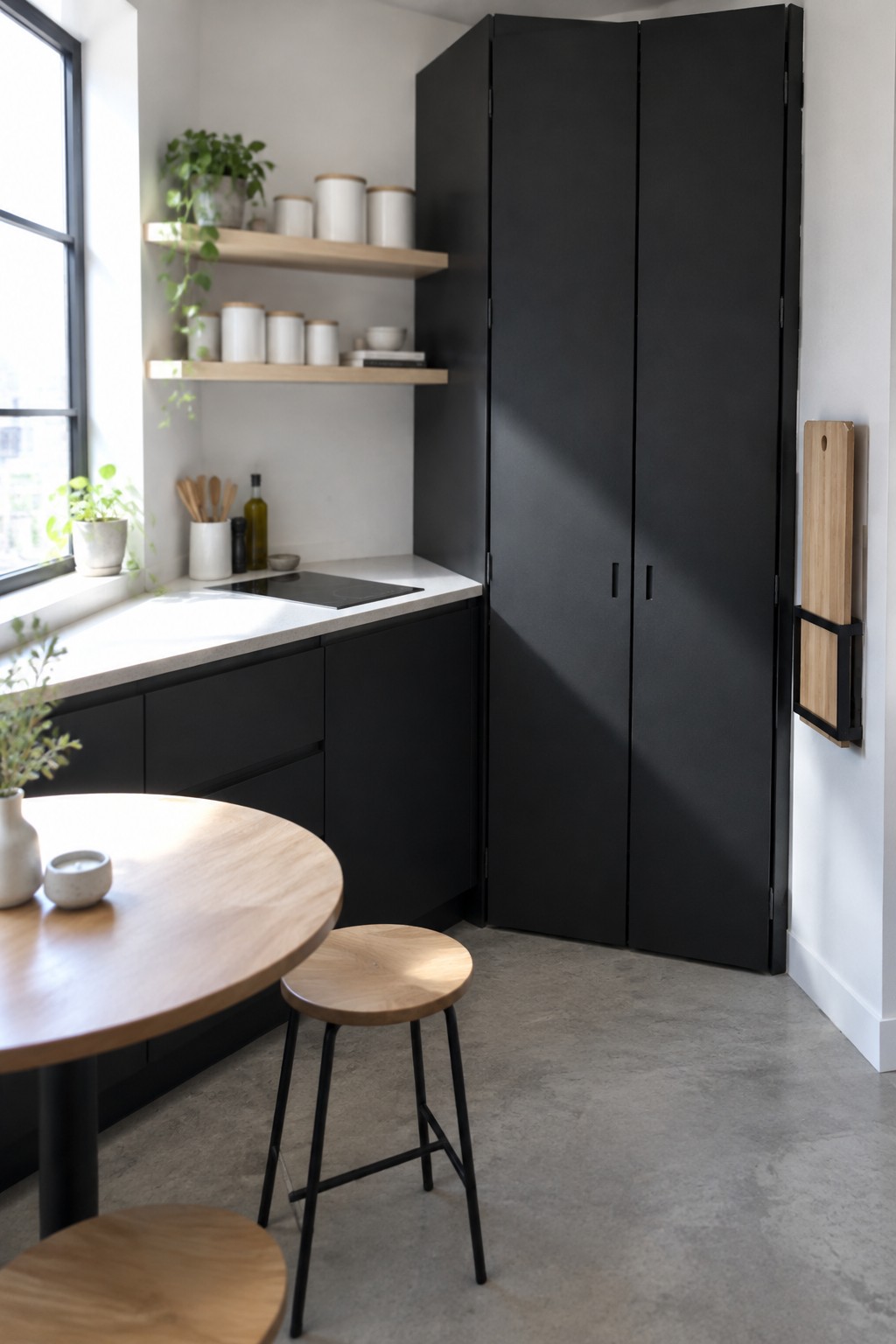 A small kitchen with a tall black cabinet, dark lower cabinets, open wood shelves, and a light countertop.