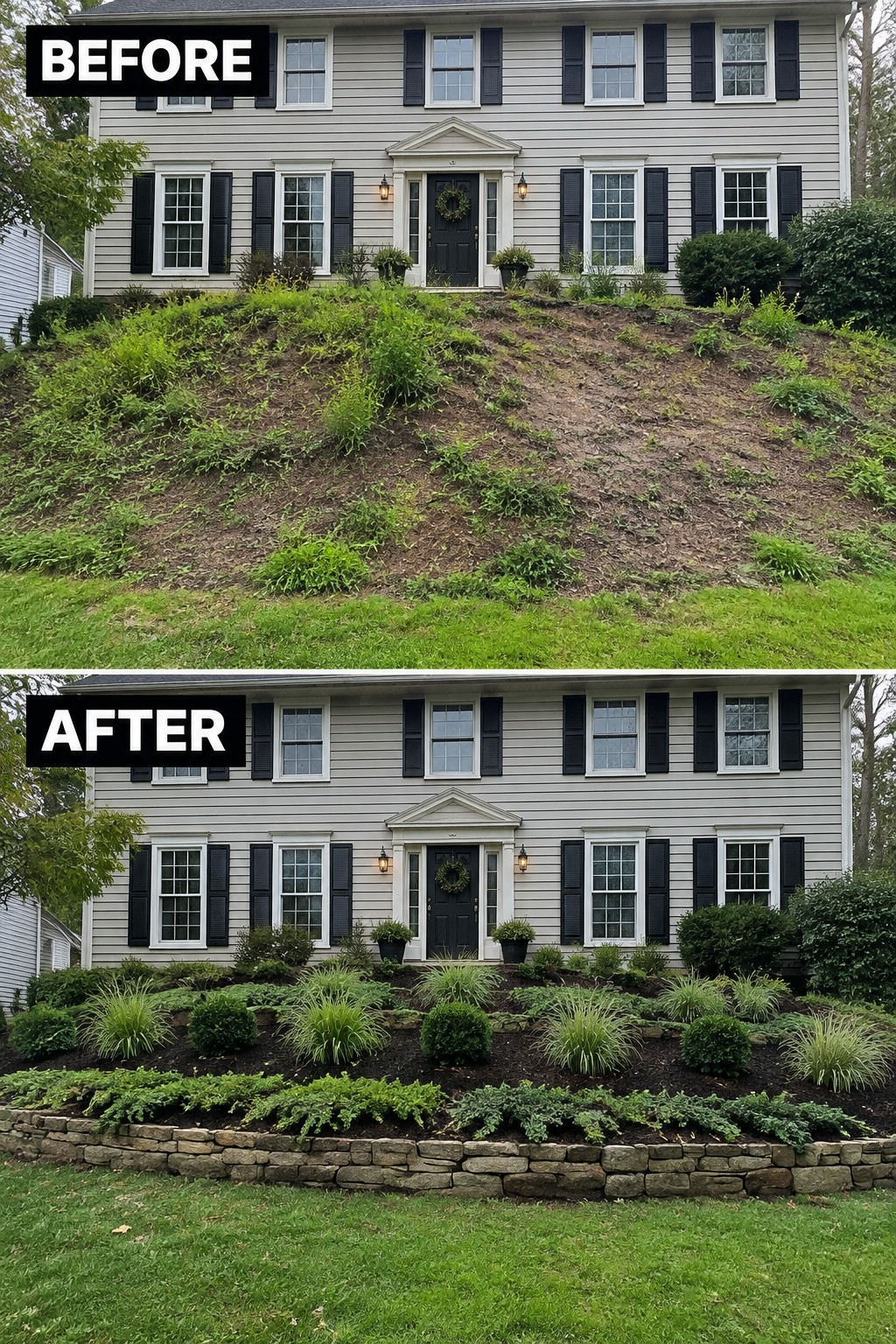 Gray house before and after sloped yard landscaping with stone retaining wall and plants.
