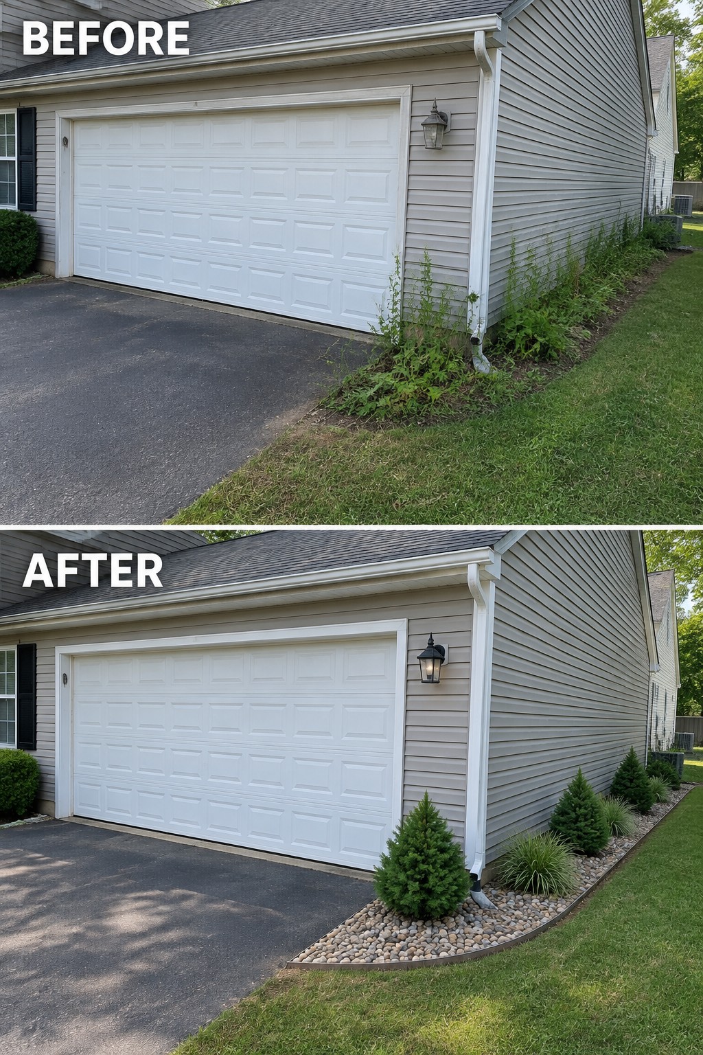 Before-and-after image of a house exterior showing an overgrown foundation strip next to a driveway changed into a neat border with small evergreen shrubs and gravel edging.