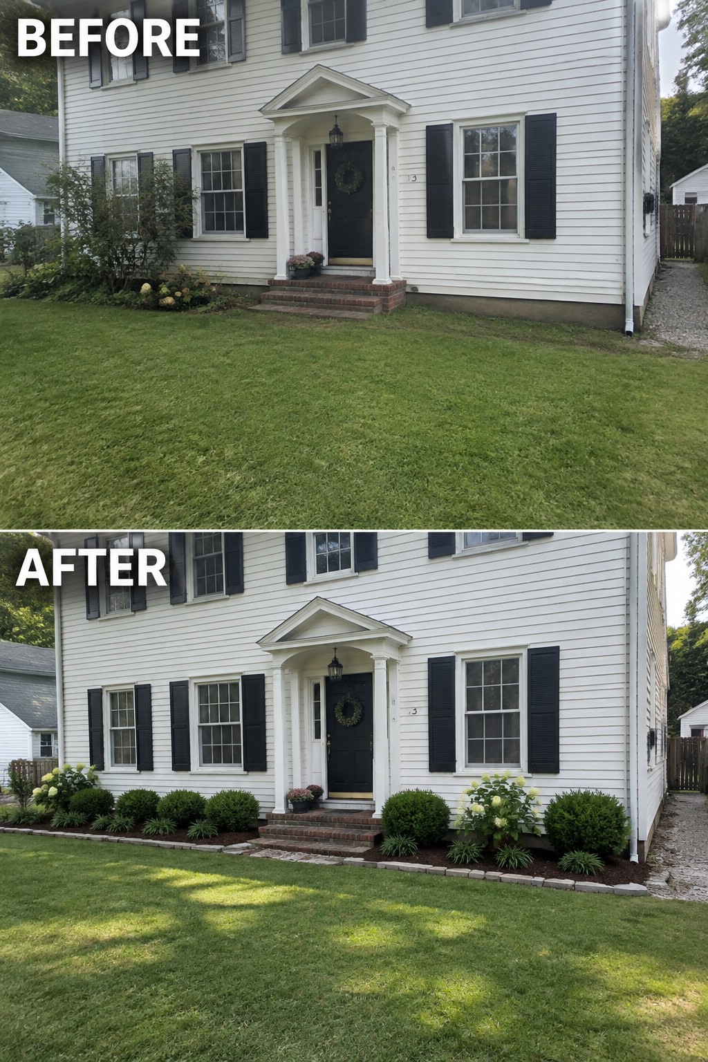 Before and after of white house with added shrubs and garden beds.