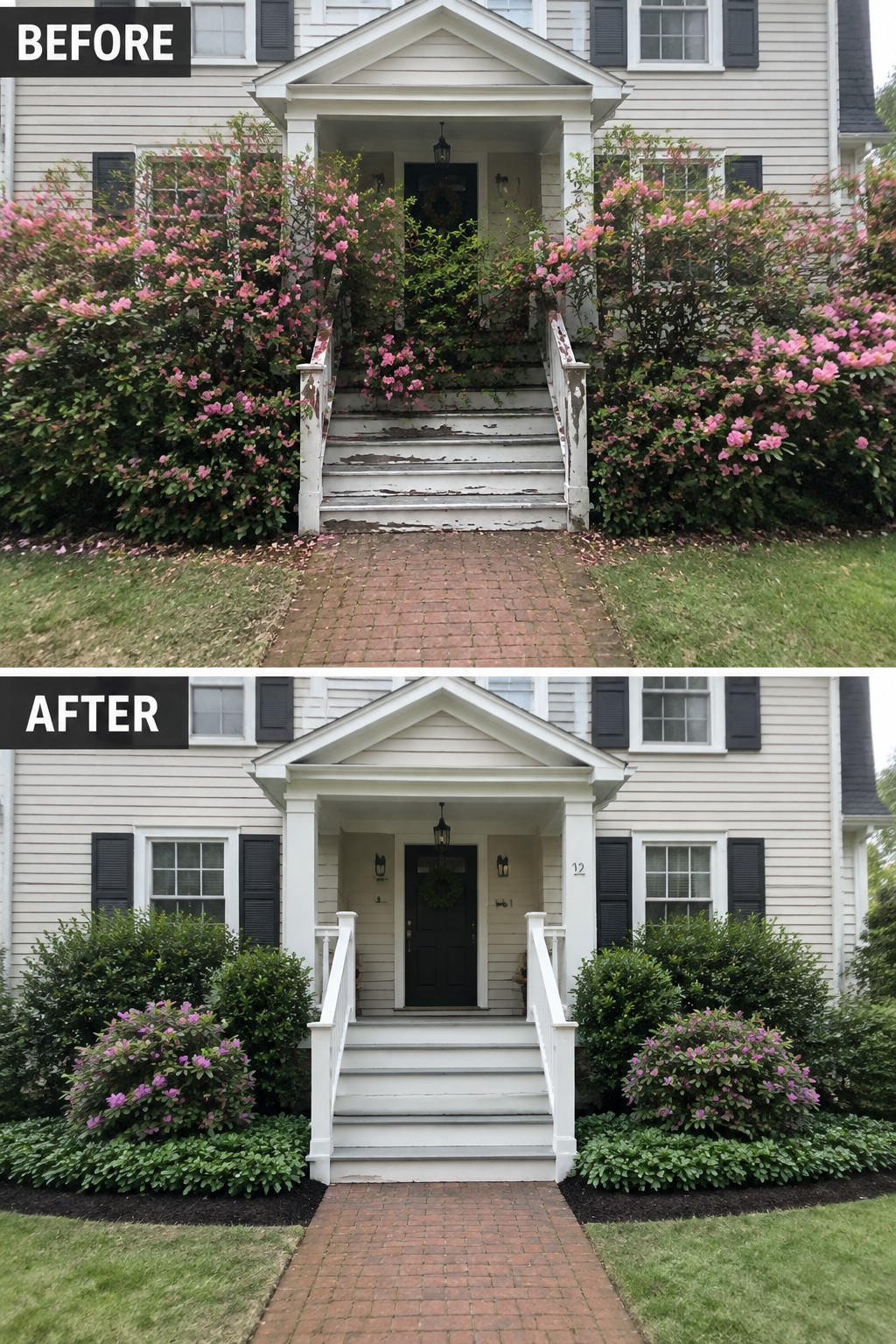Before-and-after image of a colonial house showing overgrown foundation shrubs replaced by lower trimmed plantings with mulch borders and fresh white paint on the entry stairs.