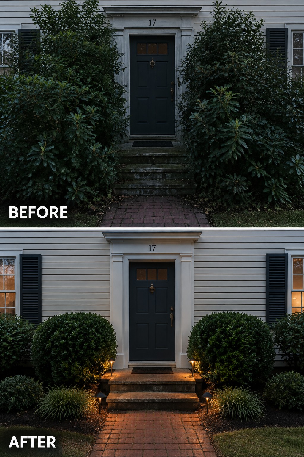 Before-and-after image of a colonial home entrance with tall overgrown shrubs replaced by compact rounded foundation plantings and added low pathway lights.