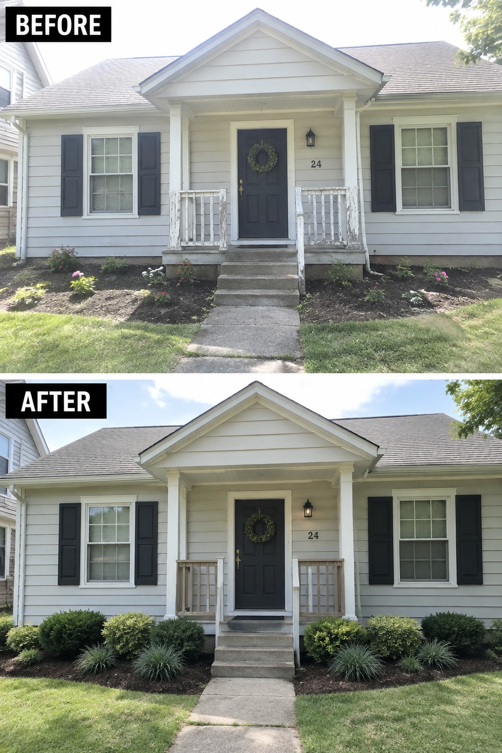 Before and after of house front porch with refreshed landscaping and railings.