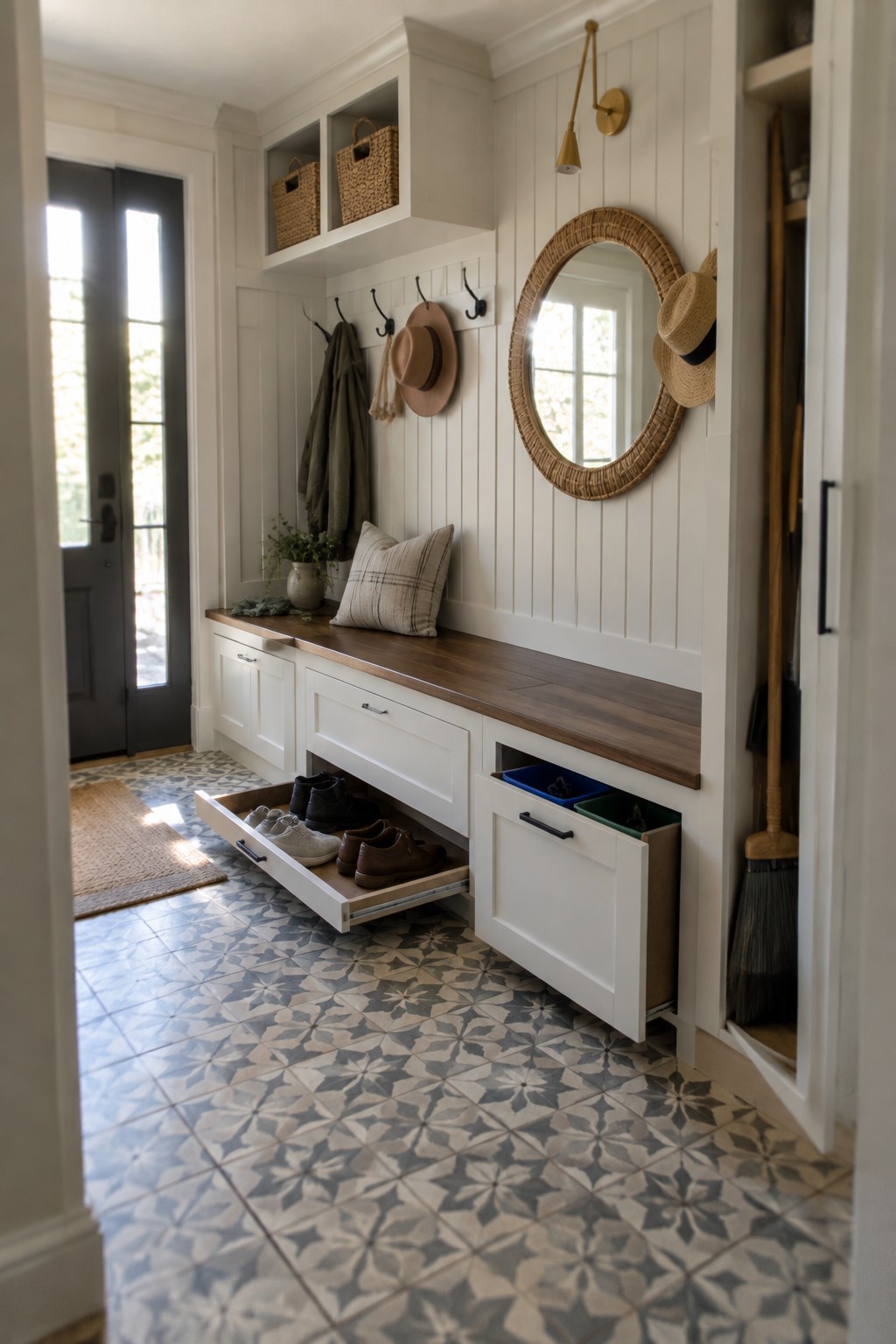 A white entryway bench has a pull-out shoe drawer beneath a wood seat and wall hooks above.
