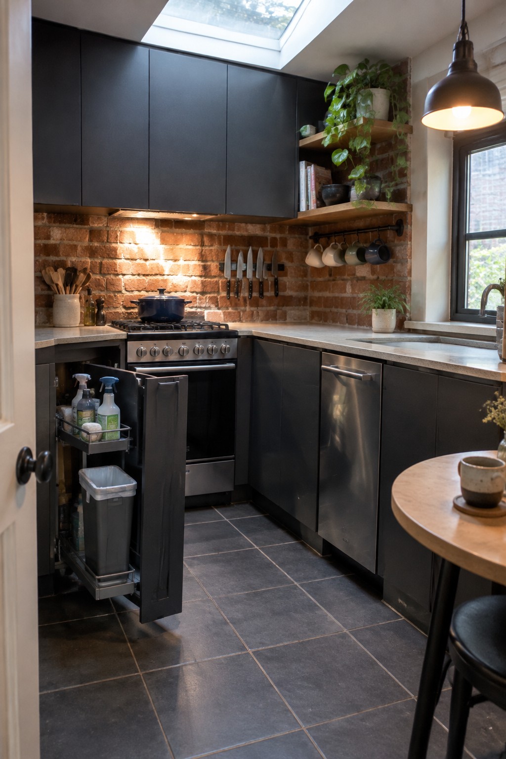 A narrow pull-out cabinet beside a kitchen range holds cleaning bottles and a tall bin on metal sliding racks.