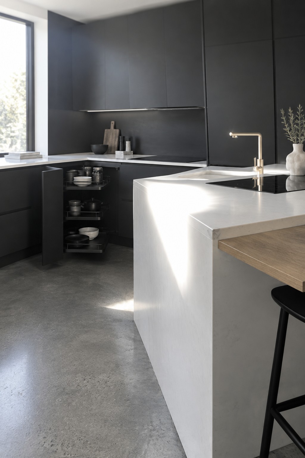 Open corner kitchen cabinet with pull-out shelves holding dishes and cookware.
