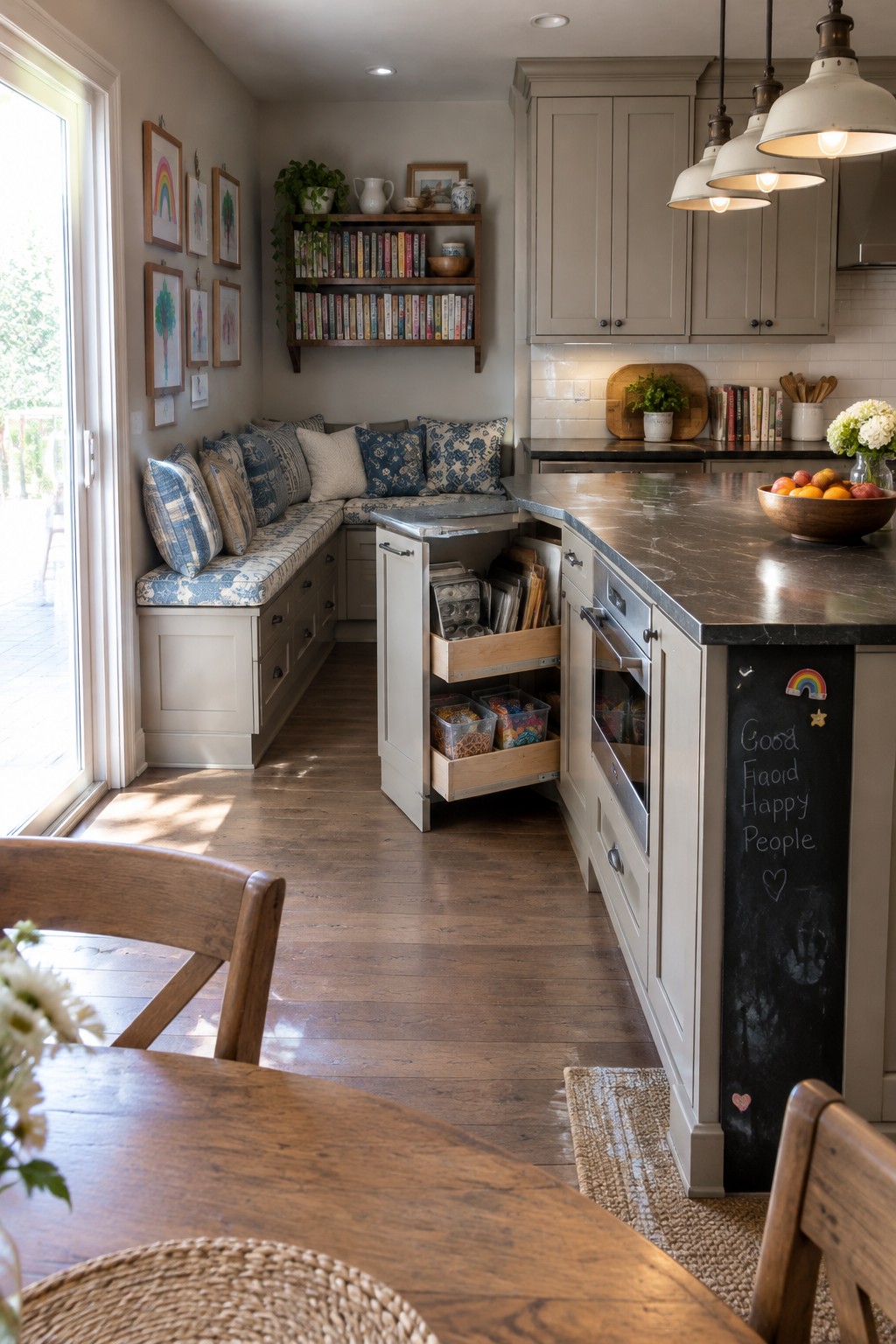 A kitchen corner cabinet has two open pull-out drawers holding pantry supplies and cookbooks.