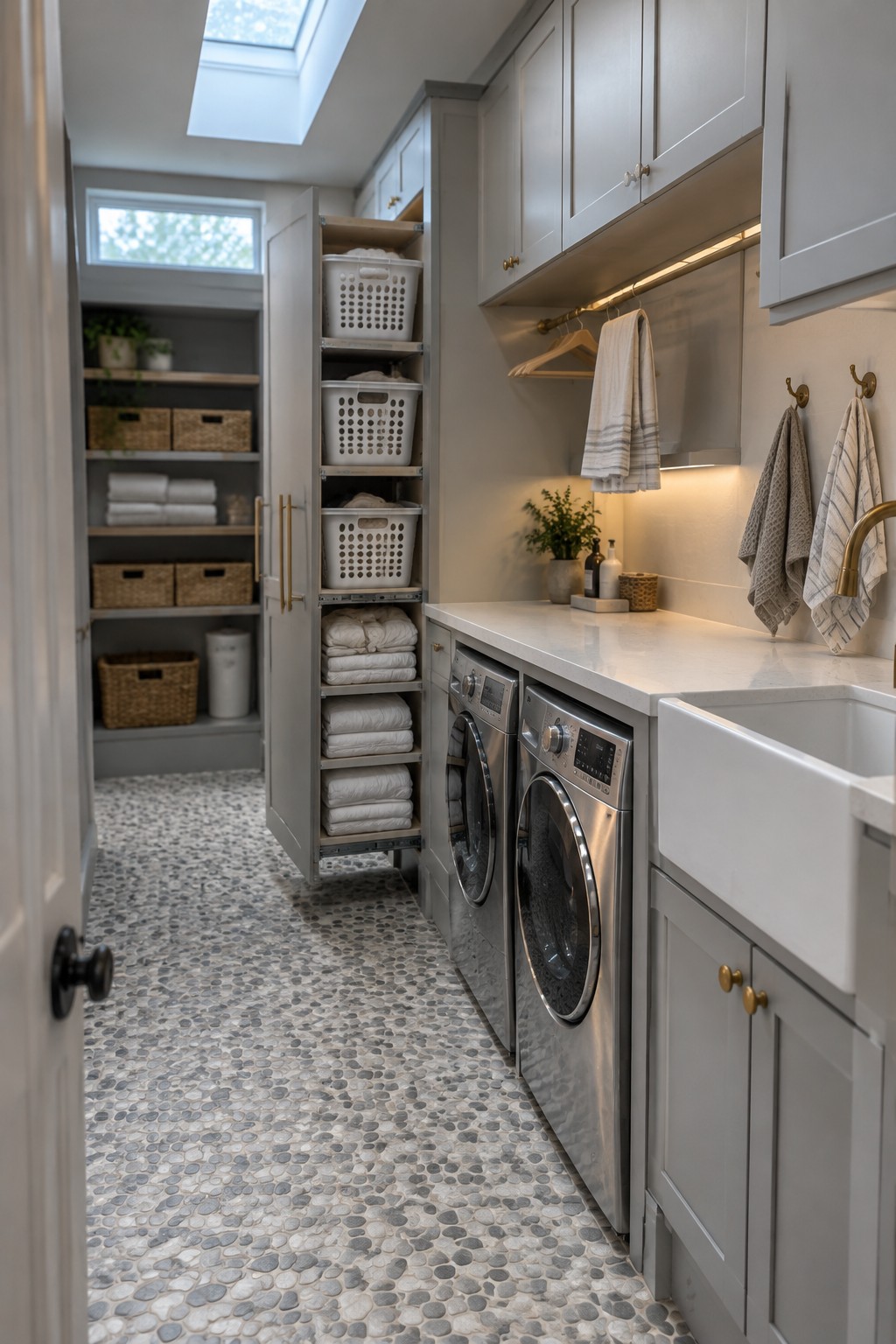 A narrow pull-out cabinet with white baskets and folded towels stands beside two front-loading laundry machines.