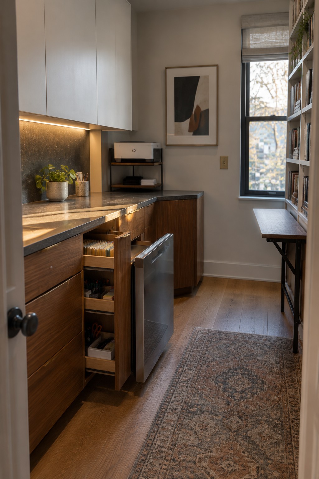 A narrow wooden pull-out cabinet beside a dishwasher is open, showing several shelves of stored items.