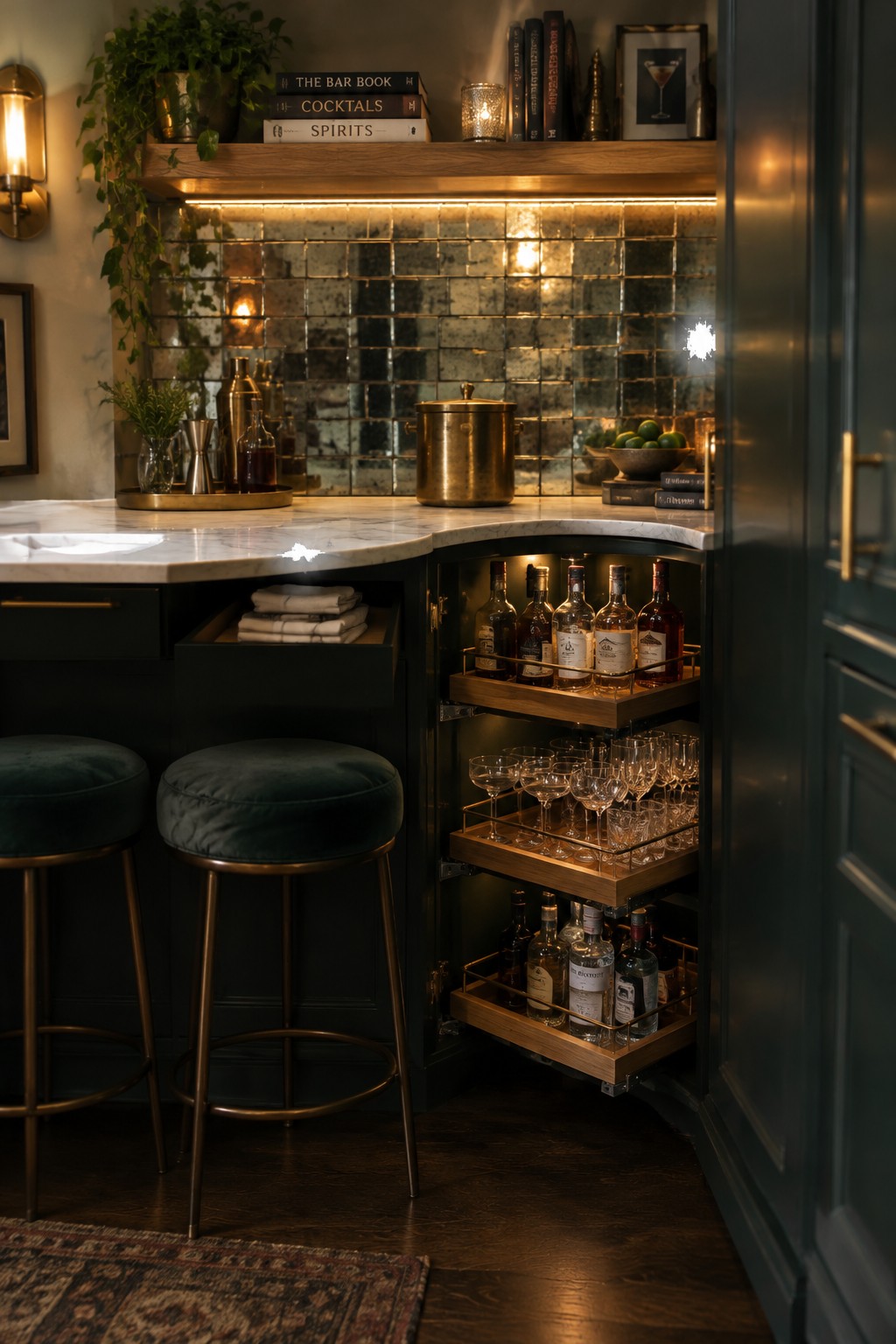 A dark home bar with a corner cabinet pulled out to reveal shelves of bottles and glassware.