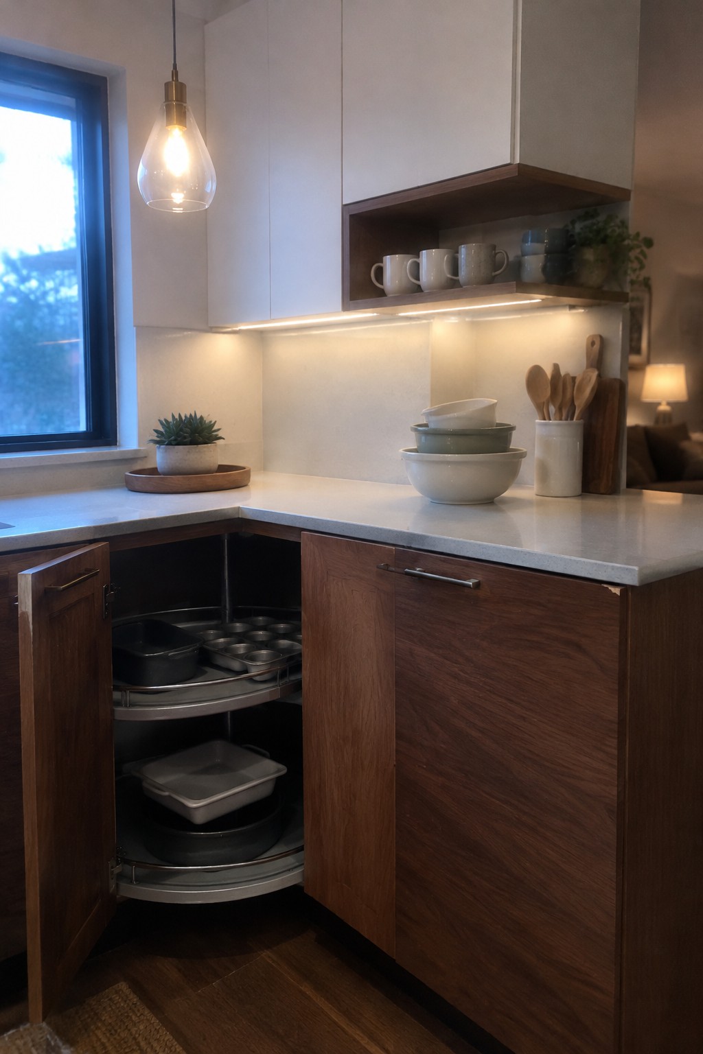 An open wooden corner cabinet shows curved swing-out shelves holding baking pans and cookware.