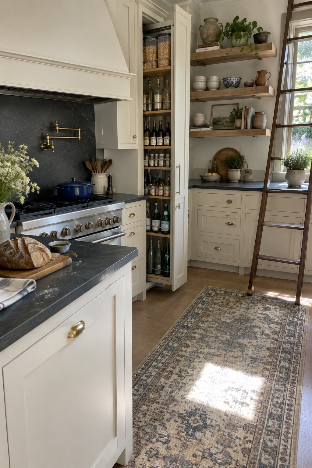 A narrow pull-out pantry beside a kitchen range holds jars, bottles, and pantry supplies.