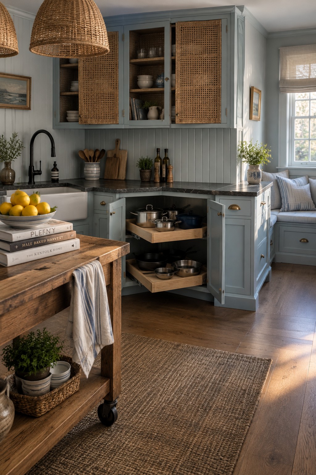 Open corner drawers in blue kitchen cabinets display pots and pans.