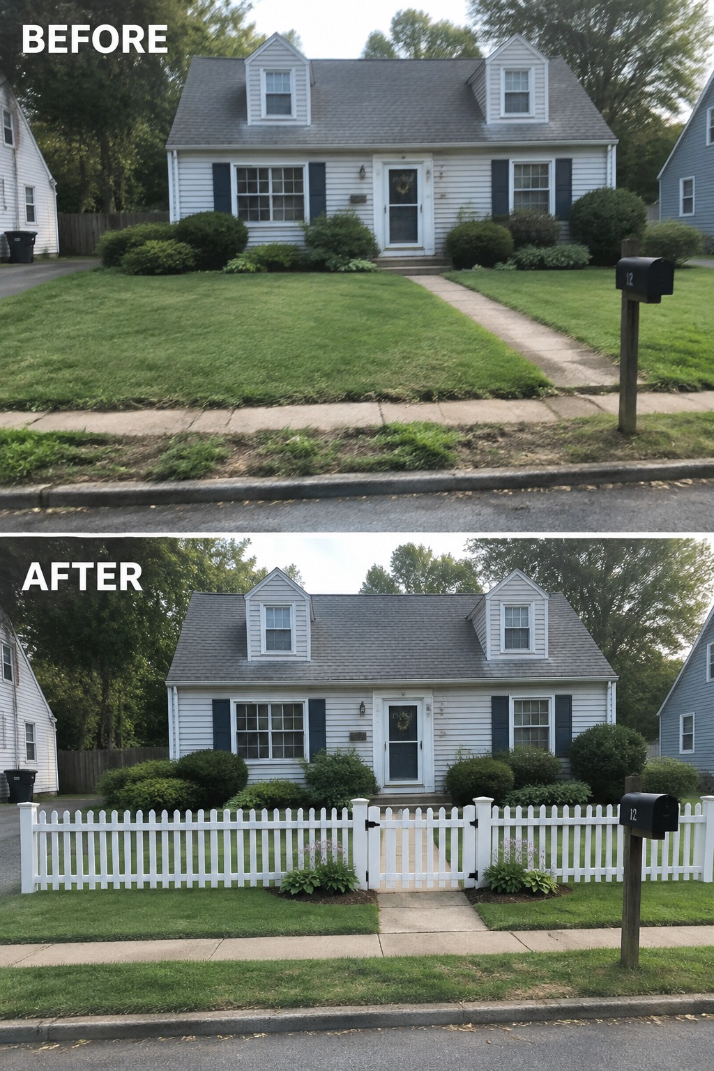 Before-and-after image of a Cape Cod house showing a white picket fence added across the front yard with a centered gate.