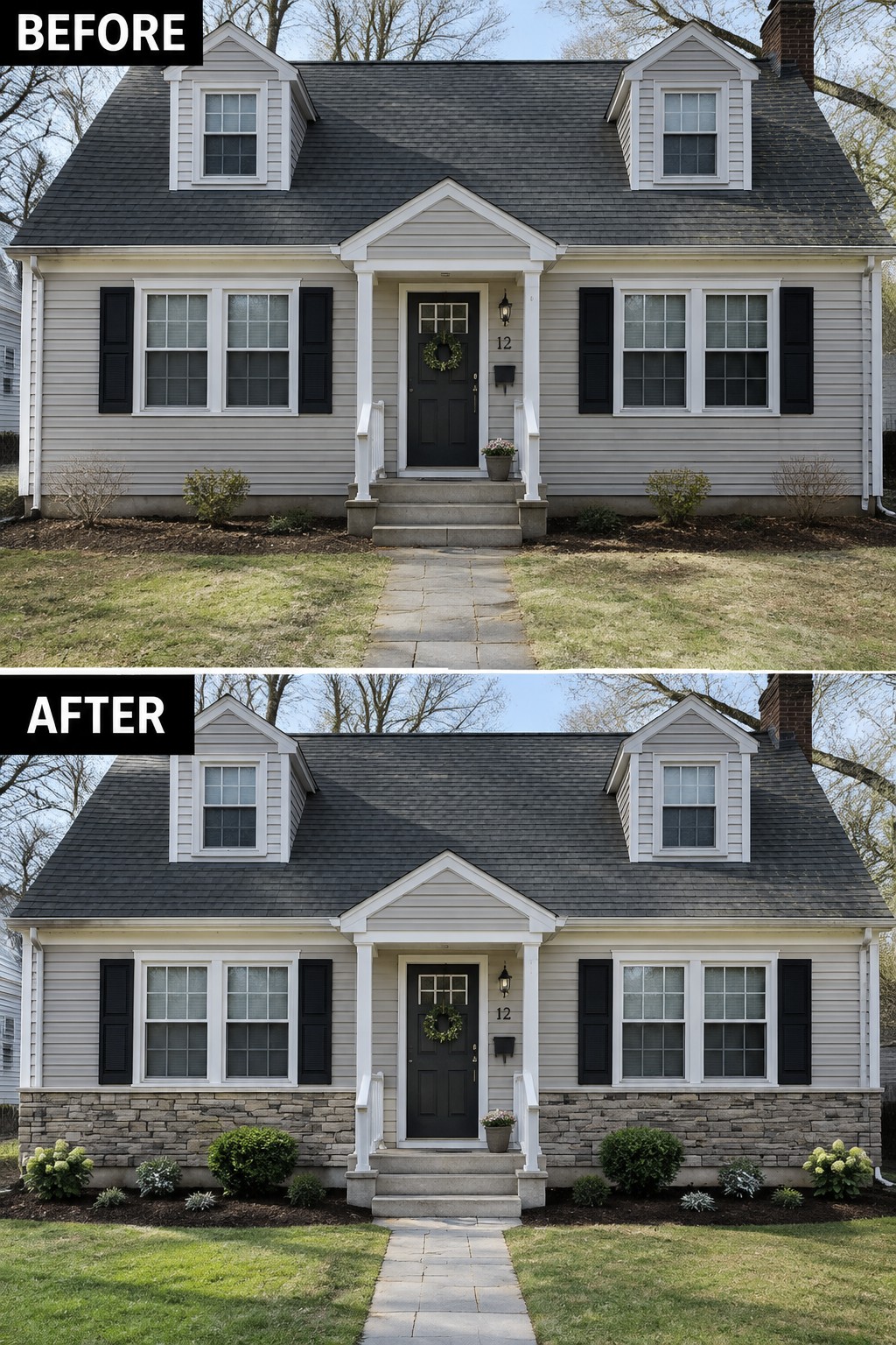 Before-and-after image of a Cape Cod house exterior with a stone foundation base added and landscaping refreshed.