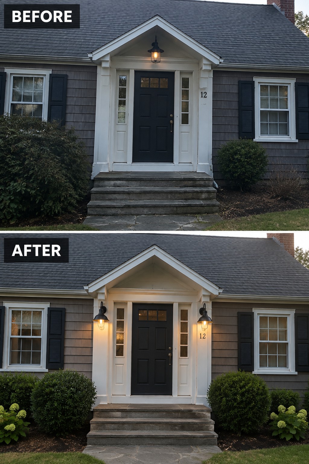 Before-and-after image of a house front entry with one overhead light changed to two wall sconces flanking the door, plus updated shrubs.