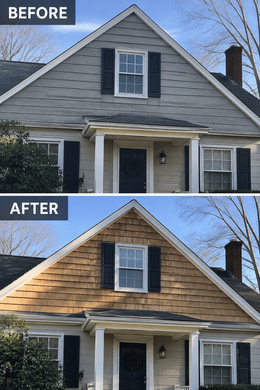 Before-and-after image of a Cape Cod house exterior showing the upper gable changed from plain gray siding to cedar shake shingles.