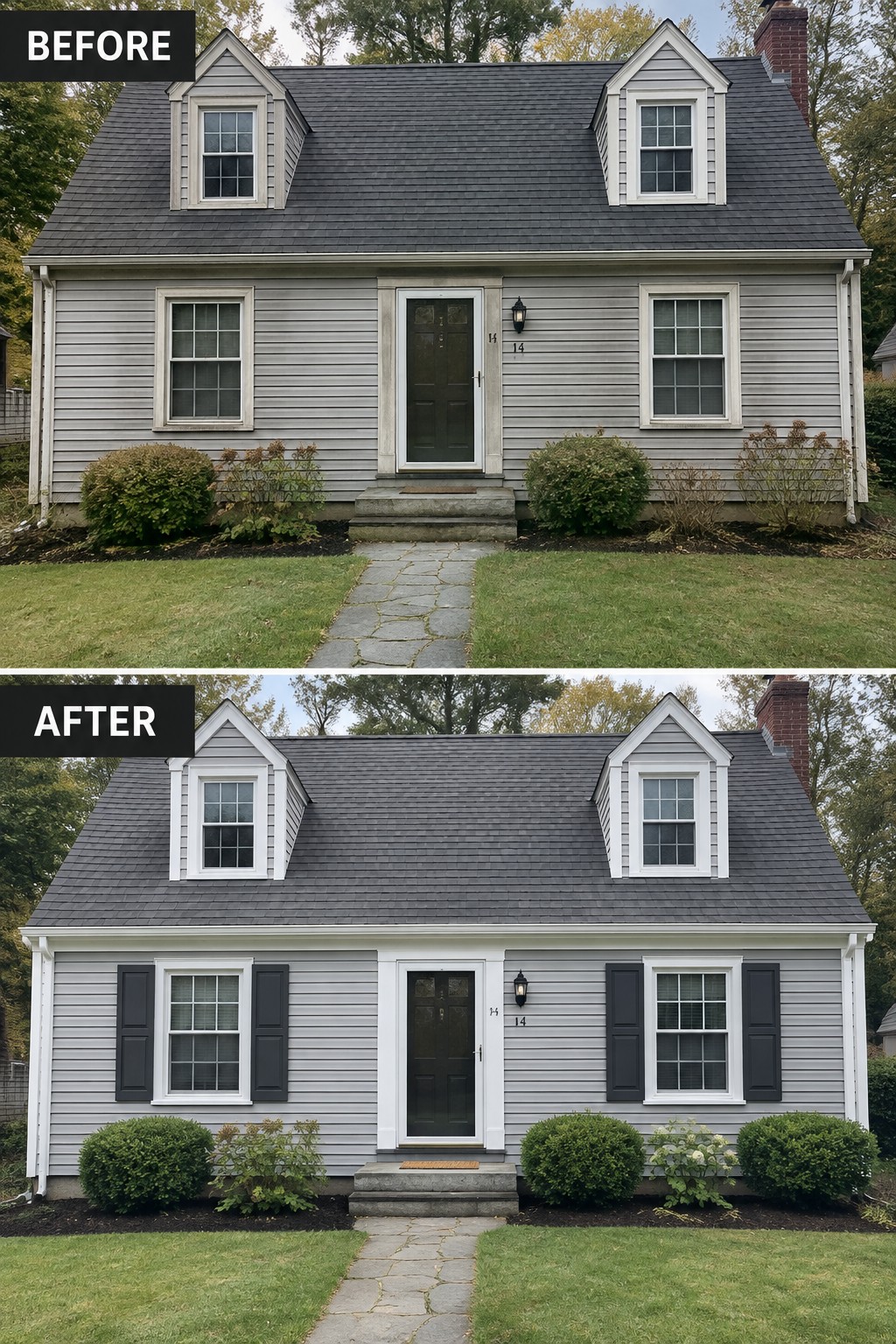 Before and after of gray house with added black shutters and landscaping.