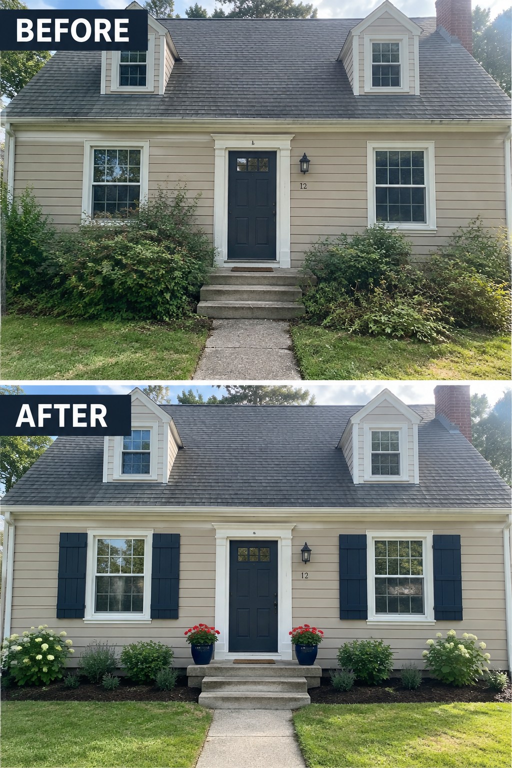 Before-and-after image of a Cape Cod house exterior with shutters added to the windows and potted plants placed by the front steps.